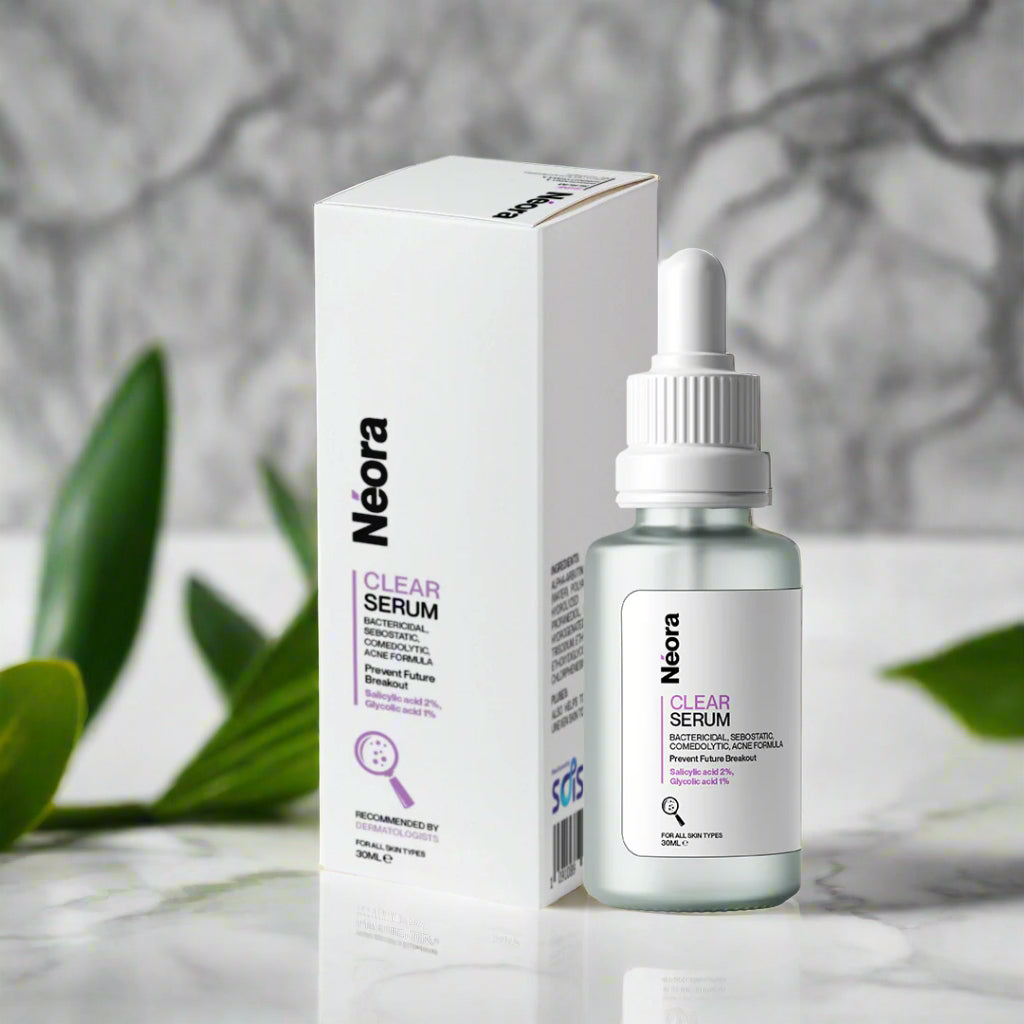 Neora Clear Serum bottle with dropper and packaging on a white background