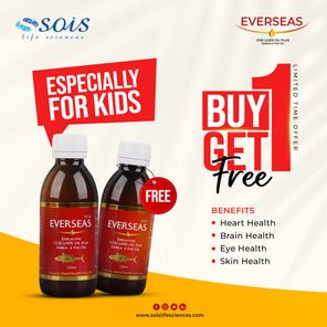 Promotional image for Everseas Cod Liver Oil Syrup with a buy one get one free offer, highlighting benefits such as heart health, brain health, and skin health, especially for kids. The image shows two bottles of the syrup with a red and white design.