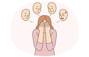 Illustration of a woman covering her face with her hands, surrounded by various facial expressions.