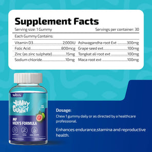 Supplement facts label for a gummy vitamin container with a blue background