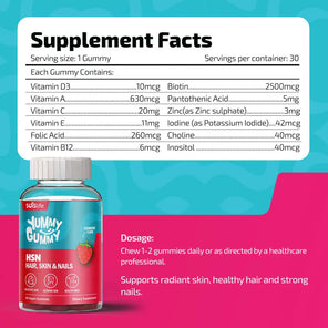 Supplement facts label for Jummy Gummy HSN Hair, Skin & Nails with product packaging on a colorful background