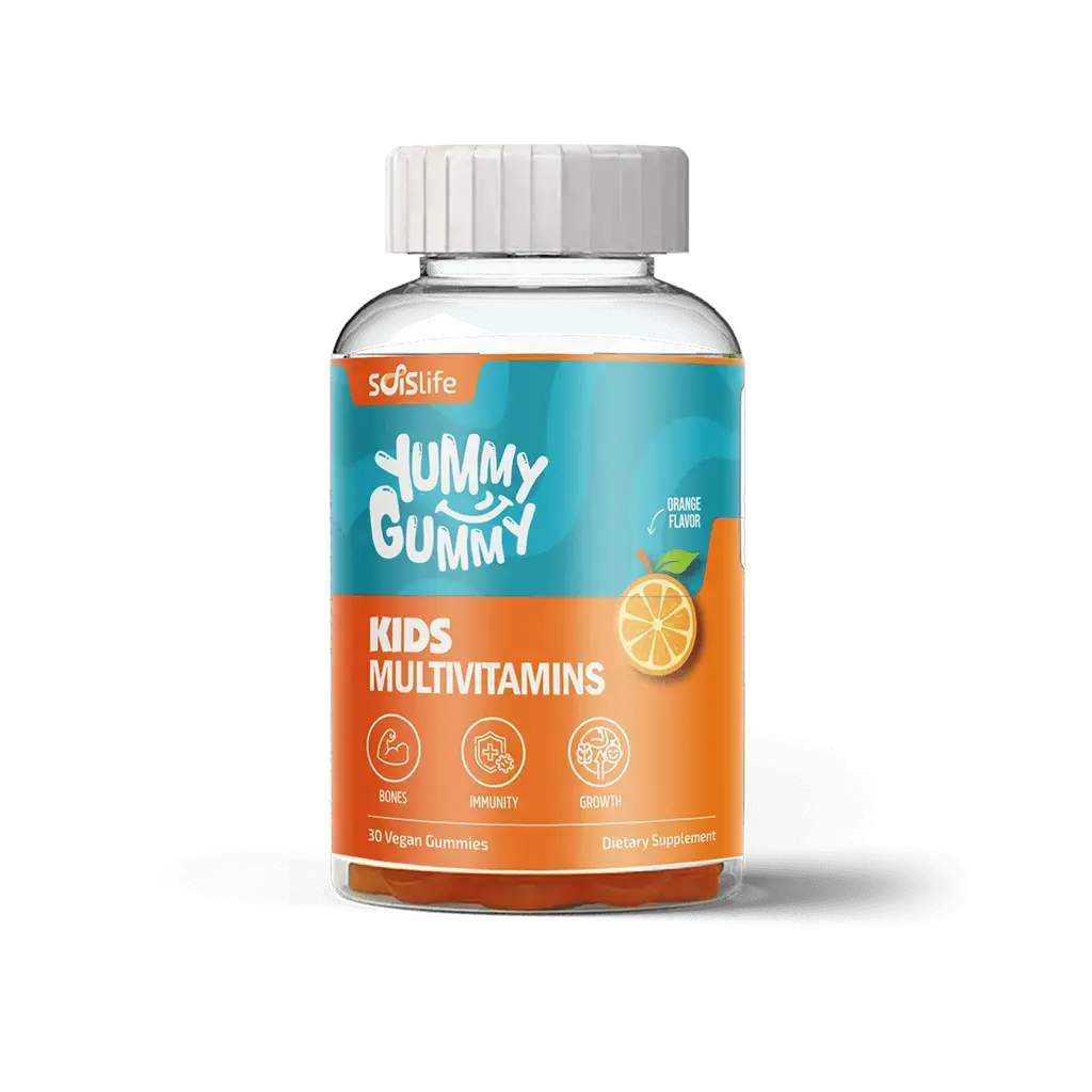 Bottle of kids multivitamins with orange flavor on a white background