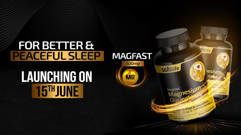 Promotional image for magnesium supplement launch with bottles and text on a dark background