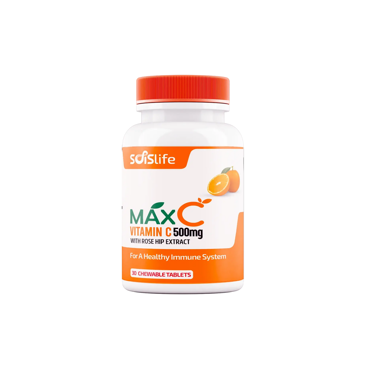 Supplement bottle labeled 'MAX C Vitamin C 500mg' with an orange cap on a white background