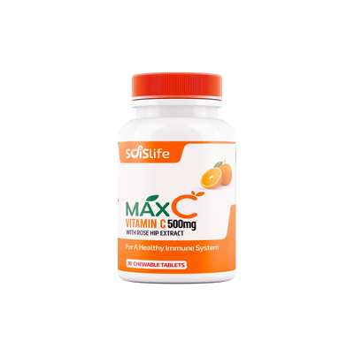 Supplement bottle labeled 'MAX C Vitamin C 500mg' with an orange cap on a white background
