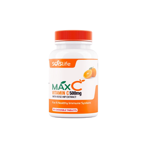 Supplement bottle labeled 'MAX C Vitamin C 500mg' with an orange cap on a white background