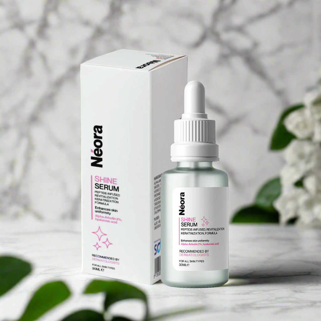 Neora Shine Serum bottle with dropper and packaging on a white background