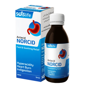 Antacid Norcid bottle and packaging on a white background