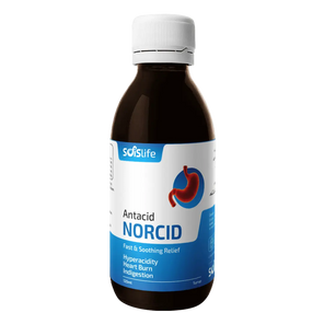 Bottle of Antacid Norcid with Solslife branding on a white background