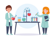 Illustration of two scientists conducting an experiment with lab equipment and a tablet.