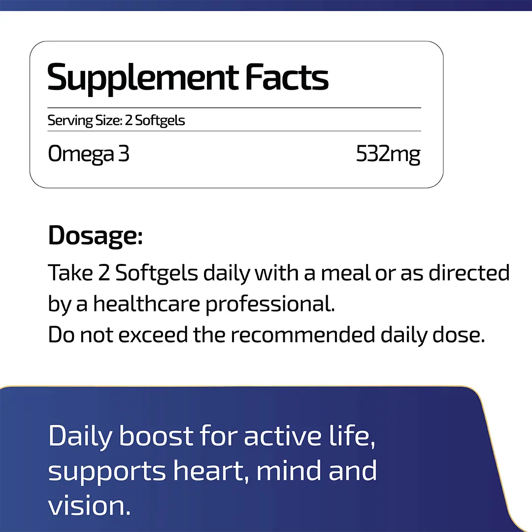Supplement facts label with Omega 3 content and usage instructions on a white background.