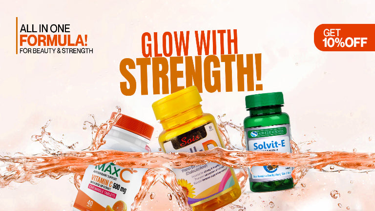 Three supplement bottles with a splash of liquid and promotional text on a light background
