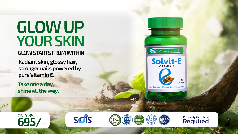Solvit-E Vitamin E supplement bottle with green leaves and nature background