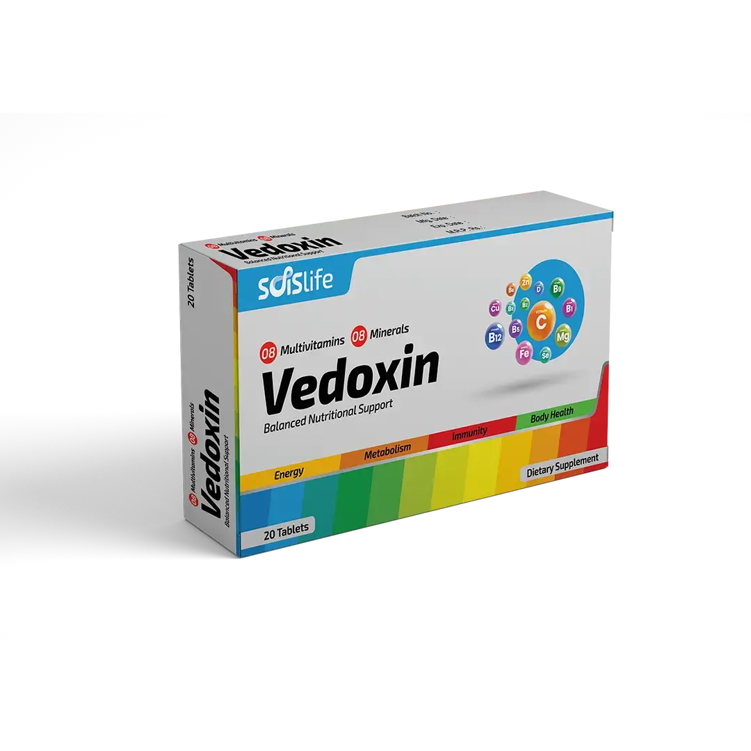 Vedoxin multi vitamin dietary supplement box on a white background