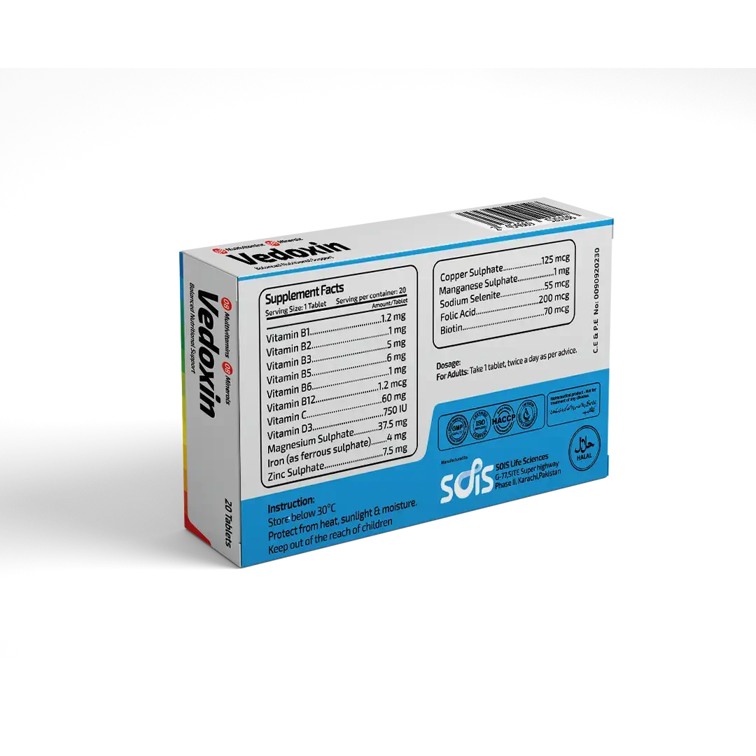 Vedoxin multi vitamin dietary supplement box on a white background