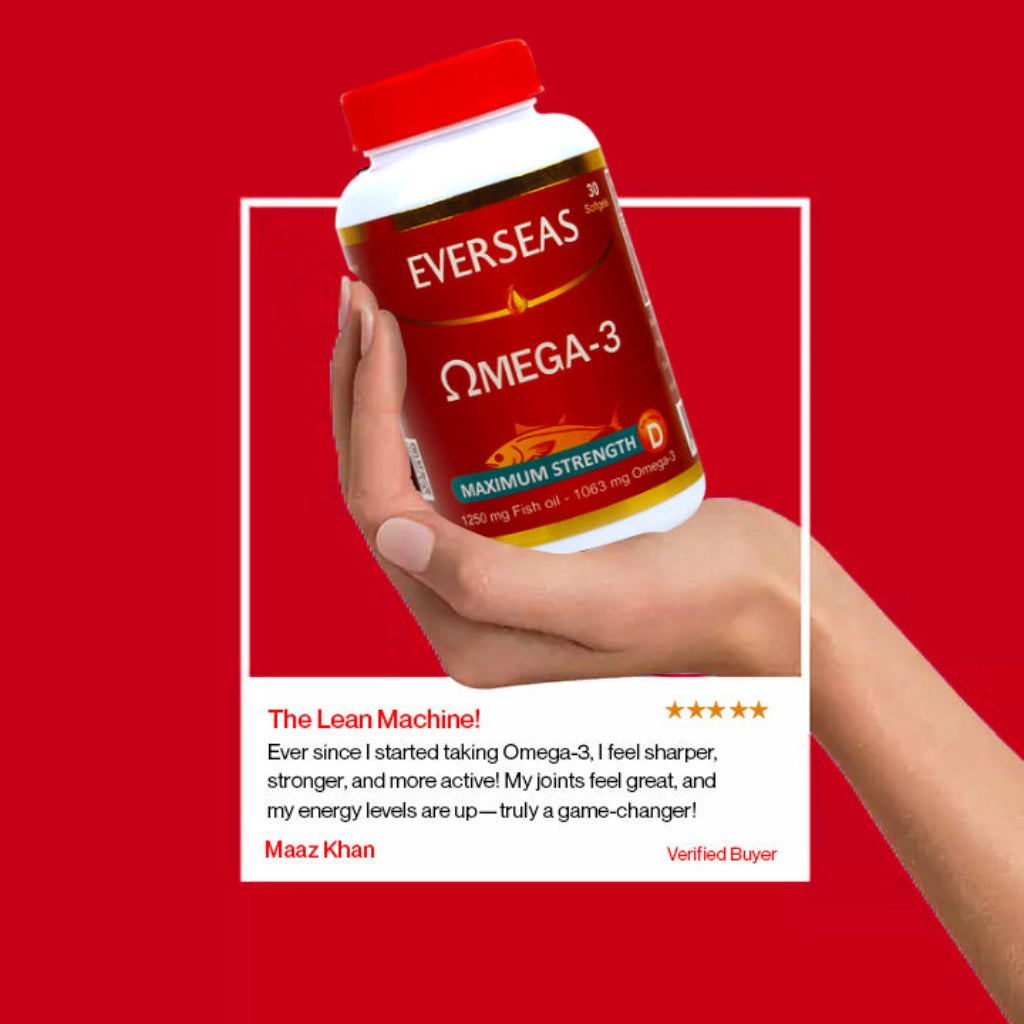 Three bottles of Everseas Omega-3 supplement with a price tag on a white background