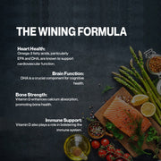 Health benefits of omega-3 fatty acids with text and food items on a dark background