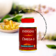 Everseas Omega-3 supplement bottle with a blurred background