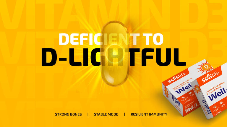 Promotional graphic for a vitamin supplement with text and product packaging on a yellow background