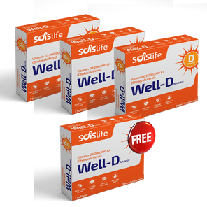 Multiple boxes of Well-D vitamin supplements from sdsLife on a white background