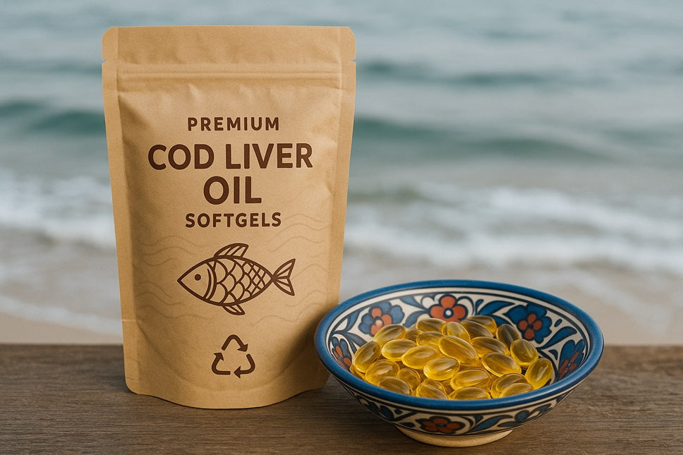 Sustainable omega-3 fish oil and cod liver oil capsules displayed on a Pakistani ceramic dish with a clean modern design, symbolizing health and ethical sourcing.