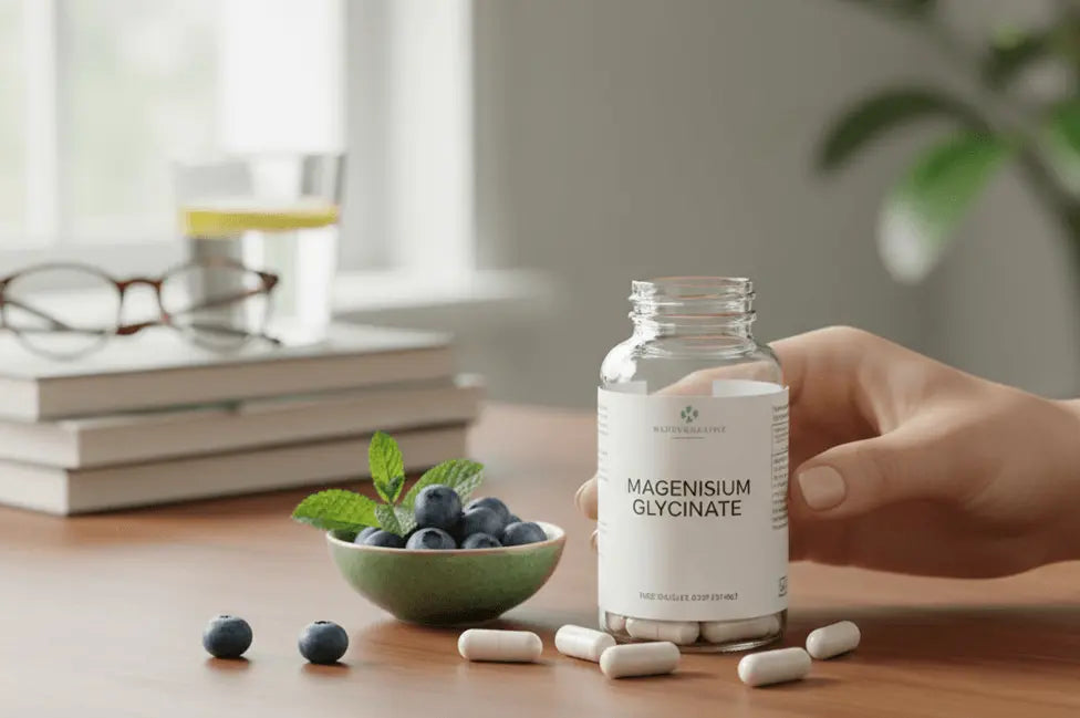 A bottle of magnesium glycinate supplements is shown on a table, with a hand reaching for it.