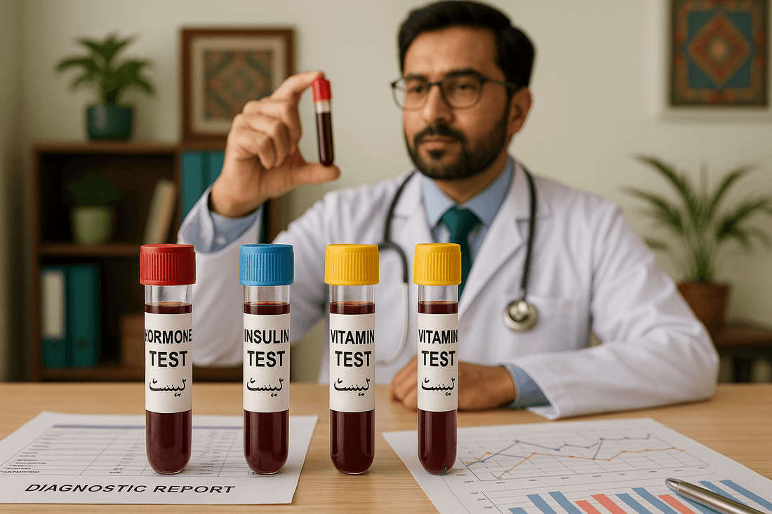 Blood test vials labeled for PCOS, hormonal, and vitamin analysis arranged on a lab desk in a Pakistani clinical setting, showing diagnostics for PCOS management.