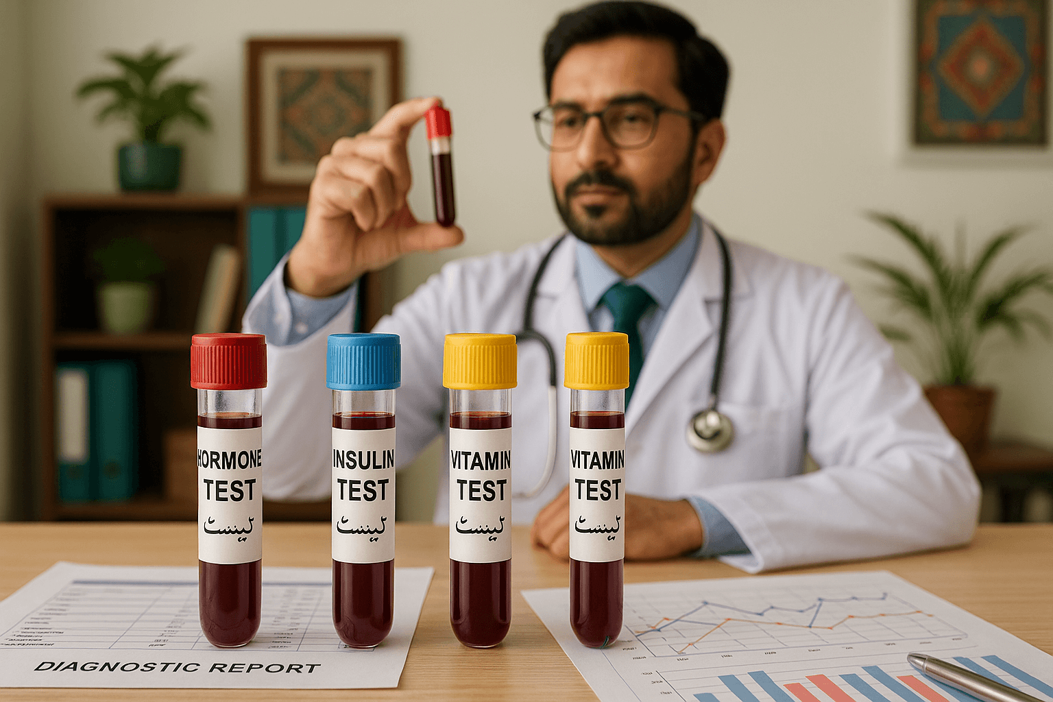 Blood test vials labeled for PCOS, hormonal, and vitamin analysis arranged on a lab desk in a Pakistani clinical setting, showing diagnostics for PCOS management.