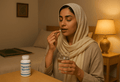 Pakistani woman taking magnesium glycinate tablet for sleep benefits at home