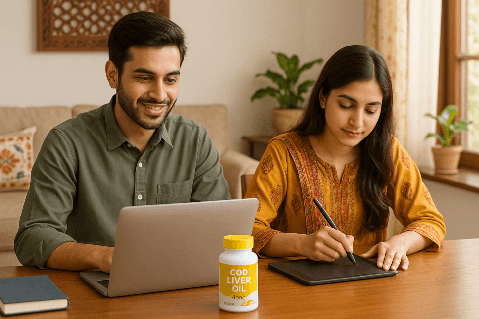 Pakistani freelancer using cod liver oil supplement for focus and brain health