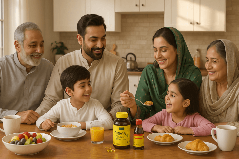 Pakistani family enjoying breakfast with cod liver oil supplements for immunity and wellness.