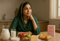 Pakistani woman considering dairy and PCOS supplements at home table for symptom management