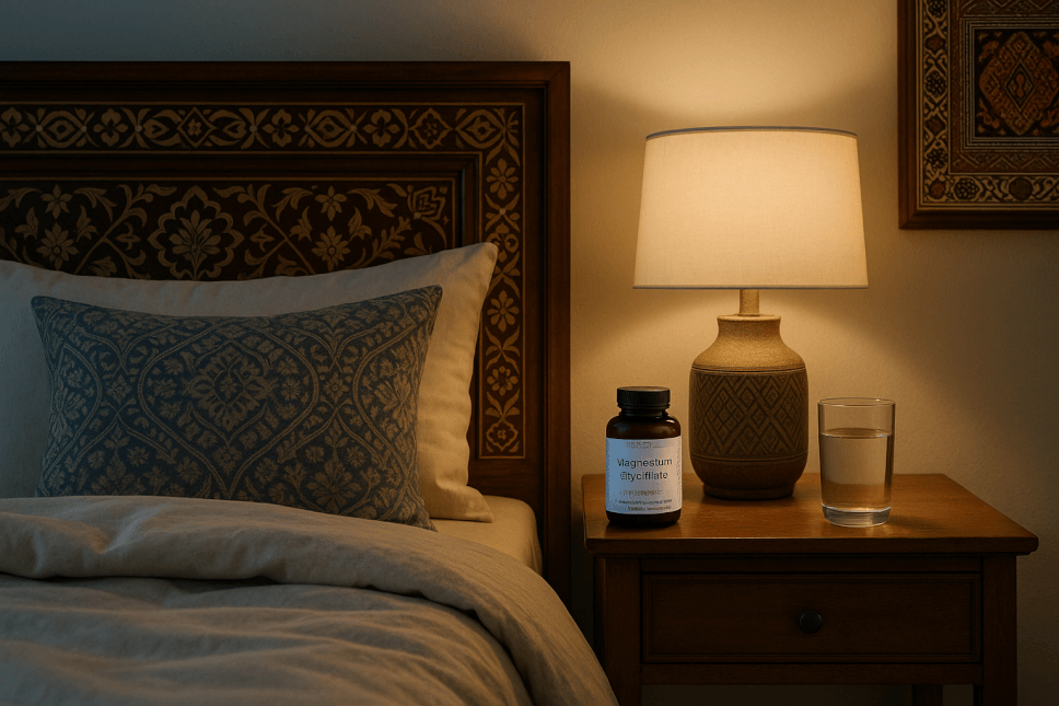Magnesium glycinate tablets and water on a Pakistani bedside table for restful sleep and wellness.