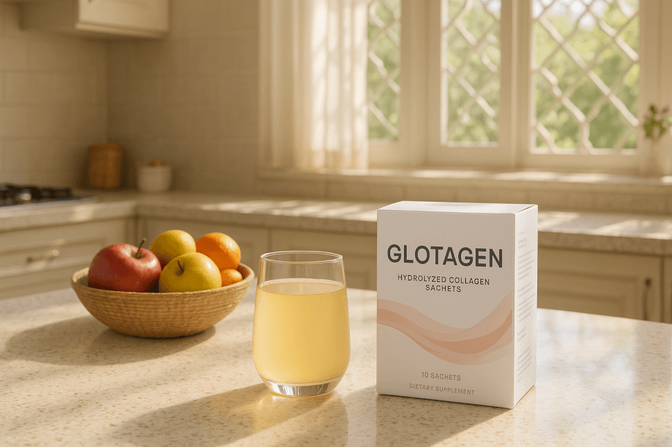 Glotagen collagen powder and drink on a Pakistani kitchen counter, highlighting collagen benefits for skin, hair, and joint health.