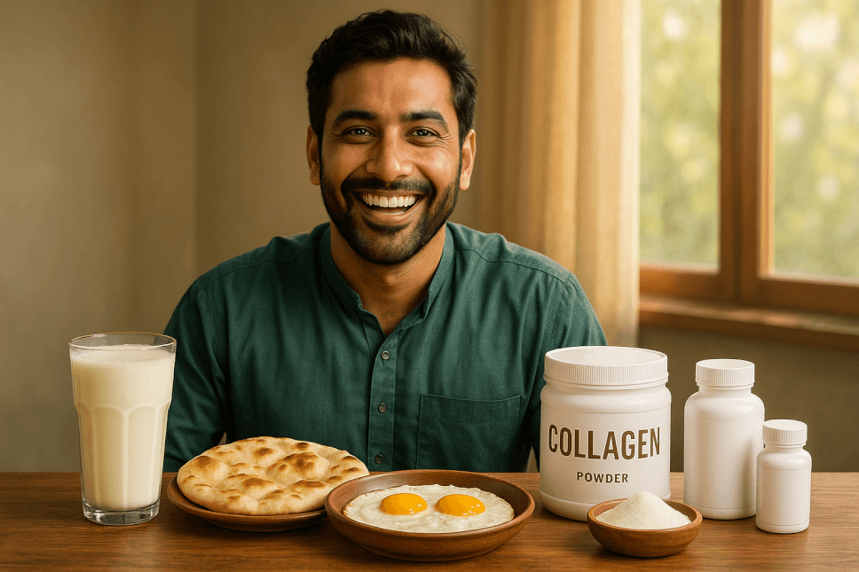 Pakistani man with collagen supplements and breakfast showing collagen benefits for skin and joint health