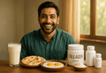 Pakistani man with collagen supplements and breakfast showing collagen benefits for skin and joint health