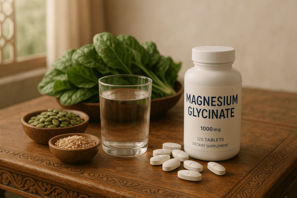 Magnesium glycinate tablets alongside healthy foods on a Pakistani wooden table, symbolizing natural PMS relief and holistic women’s wellness in Pakistan.