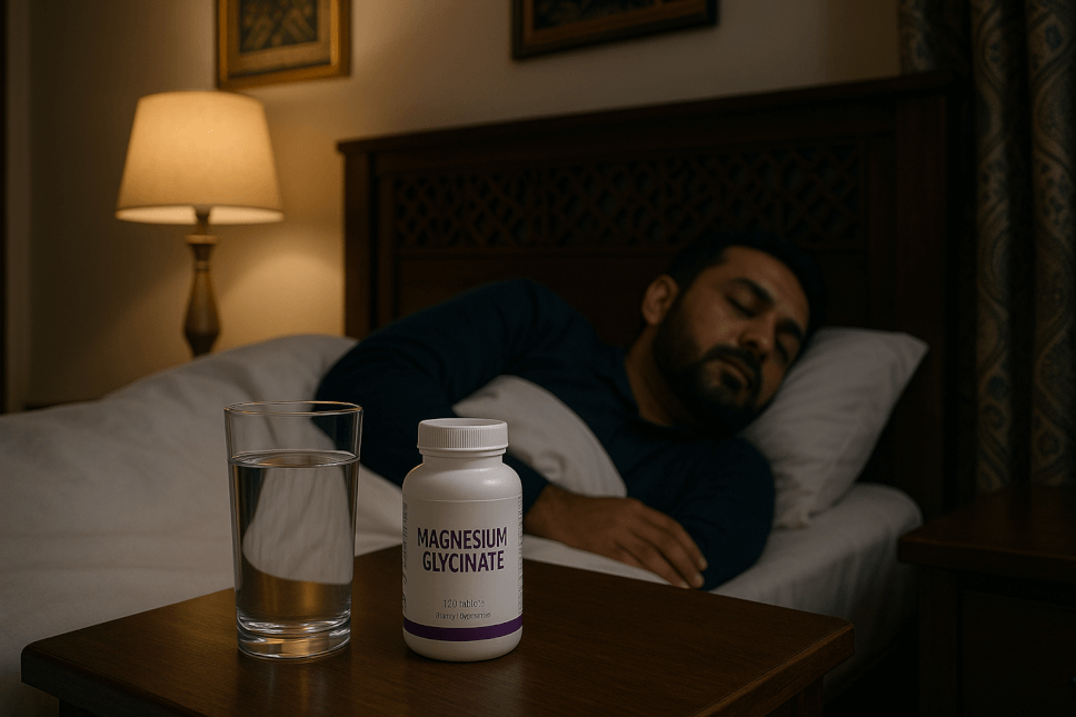 Magnesium glycinate tablets in a Pakistani bedroom promoting sleep, relaxation, and wellness.