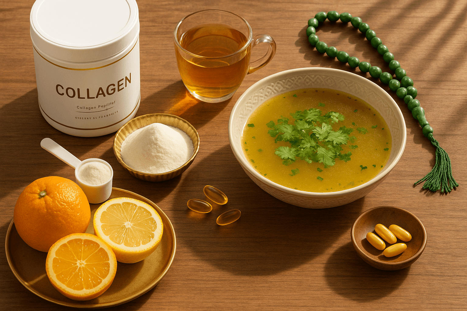 A vibrant flat-lay of collagen powder, traditional yakhni soup, citrus, and vitamins highlighting collagen benefits and Pakistani health trends.
