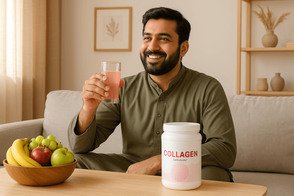 Pakistani man holding collagen supplement with collagen benefits for dark circles and skin health.