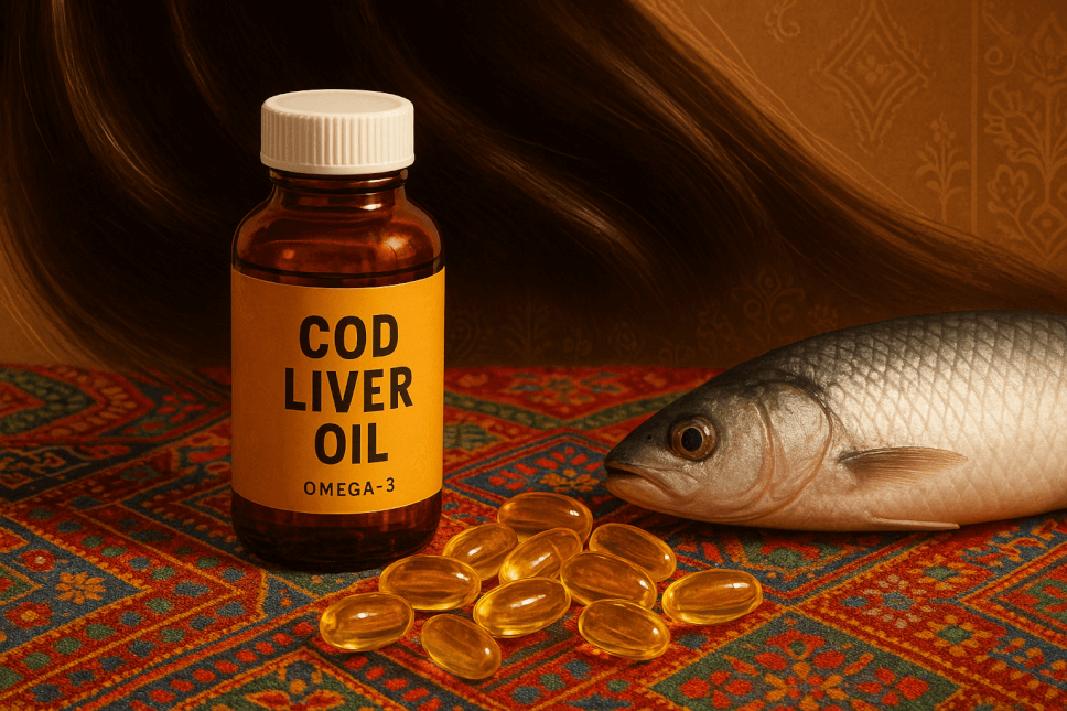 Pakistani cod liver oil supplement softgels and bottle on a traditional tablecloth with healthy hair and fish, showing the benefits of omega 3 for hair health.