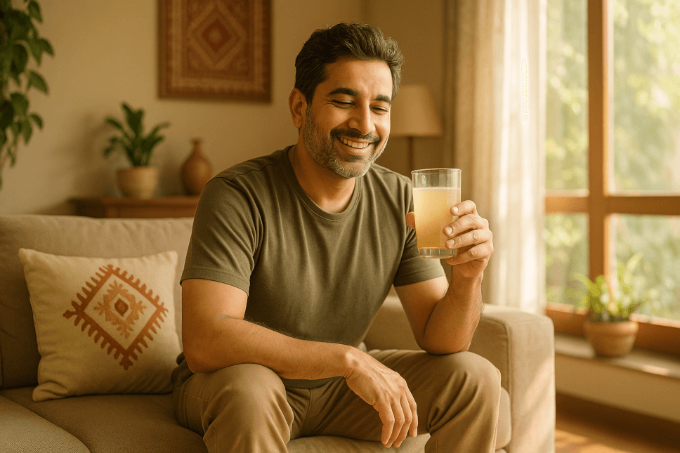 Pakistani man enjoying collagen drink for joint health and arthritis relief