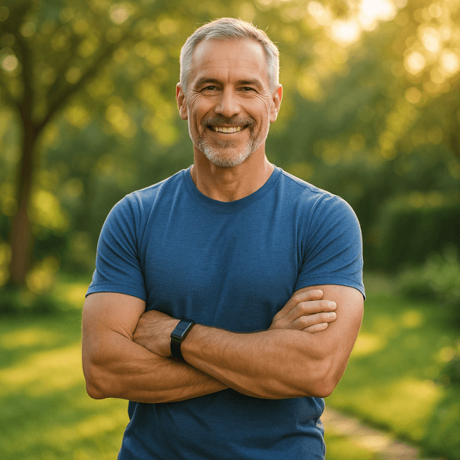 Middle-aged man enjoying an active and healthy lifestyle in a sunlit garden, representing the benefits of magnesium glycinate for bone and muscle health.