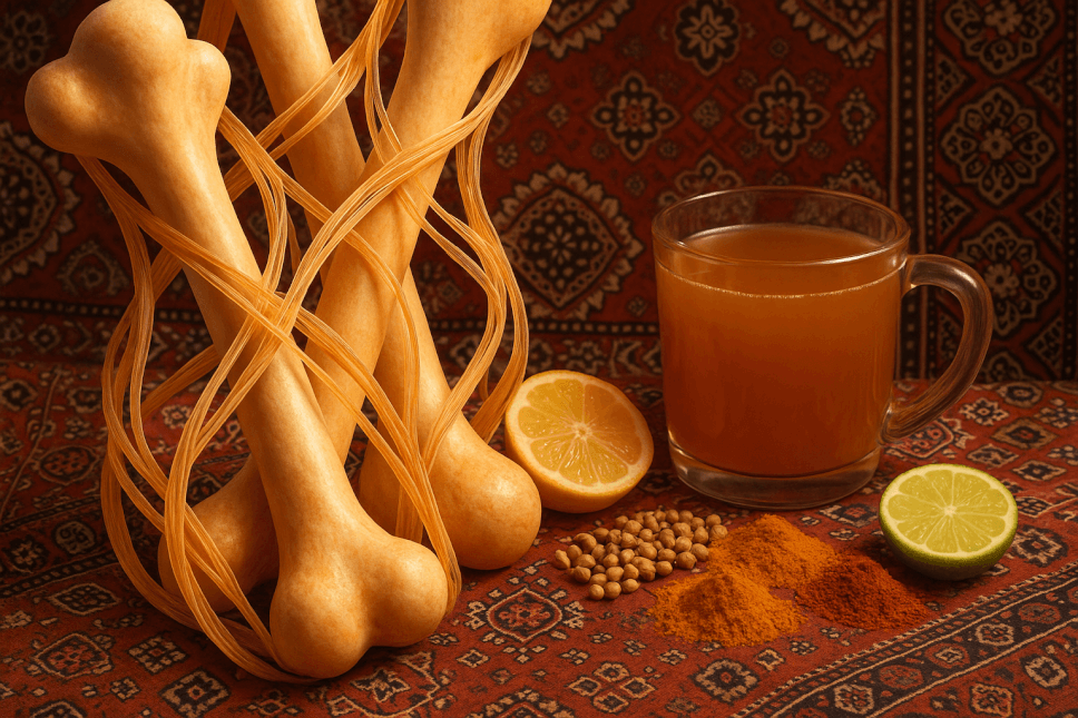 Illustration of healthy strong bones supported by collagen fibers, with motifs of Pakistani culture and nutritional elements, representing holistic bone health.