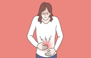 Illustration of a woman with stomach pain on a pink background
