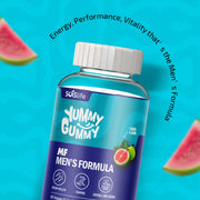 Bottle of Yummy Gummy Men's Formula on a blue background with watermelon slices.