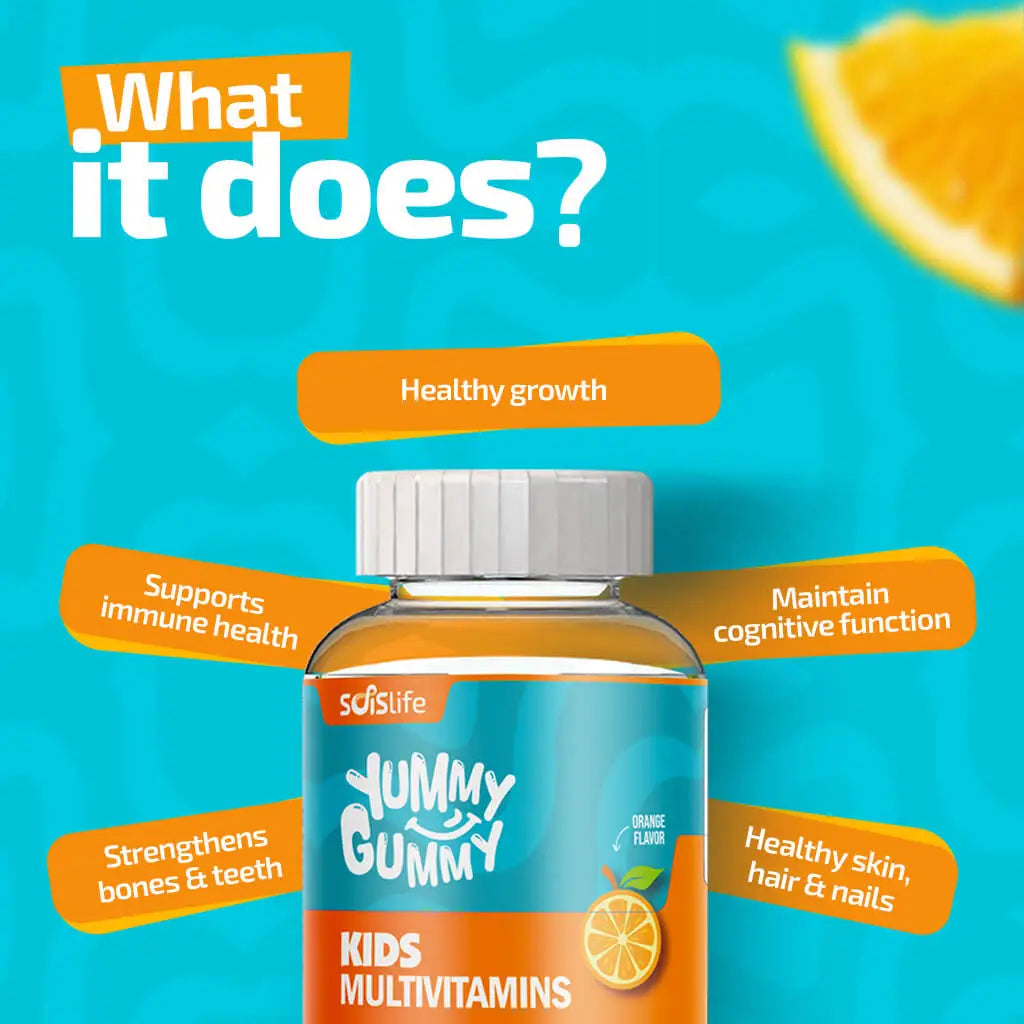 Soislife Yummy Gummy Kids Multivitamins bottle with benefits on a blue background