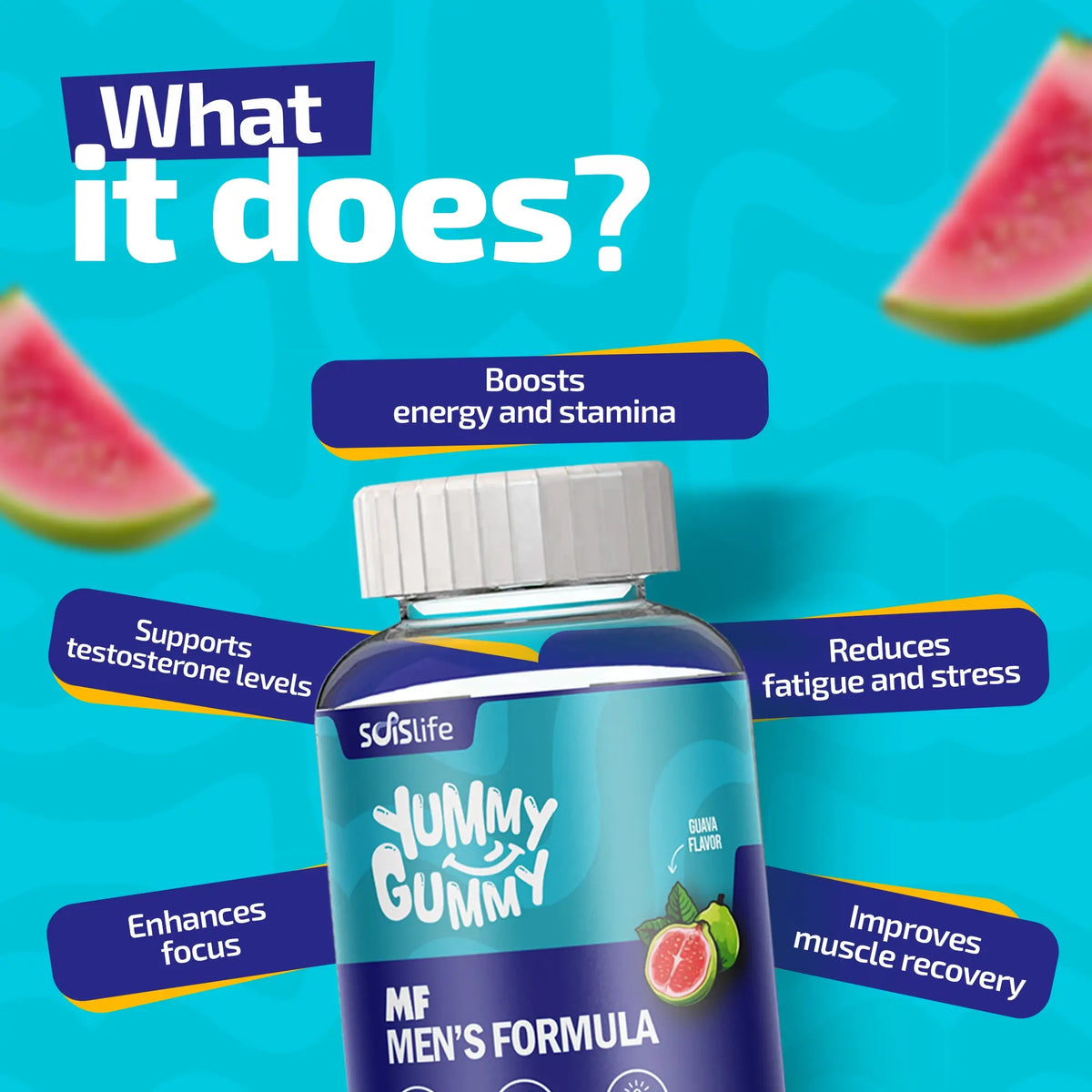 Blue bottle labeled 'Yummy Gummy' with text on a blue background with watermelon slices.