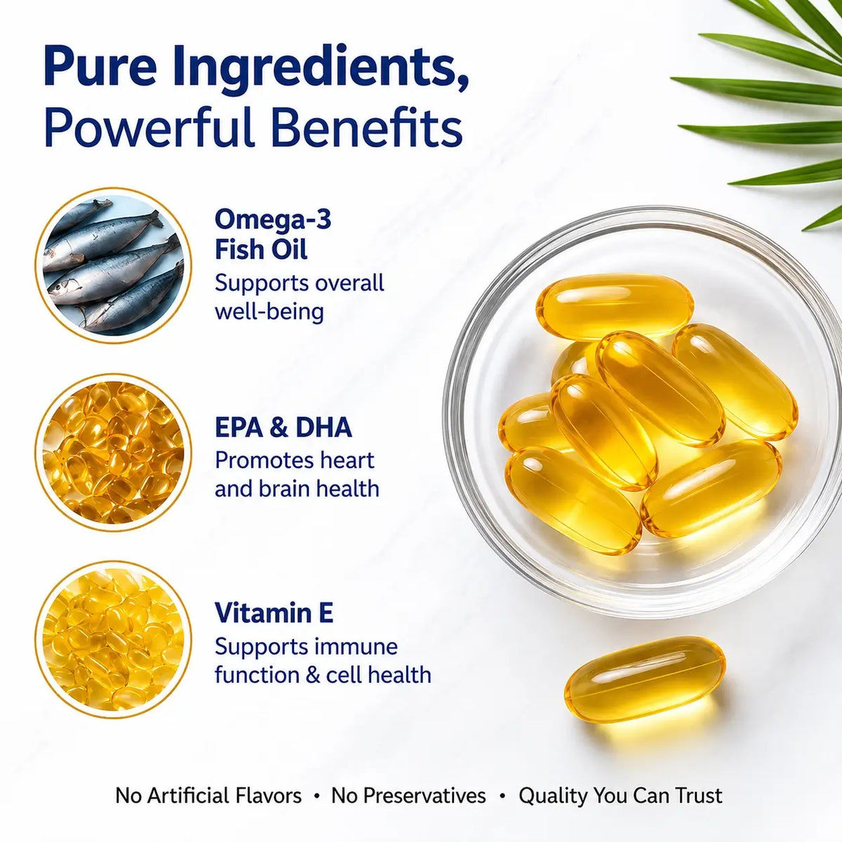 Omega-3 fish oil capsules with benefits listed on a white background