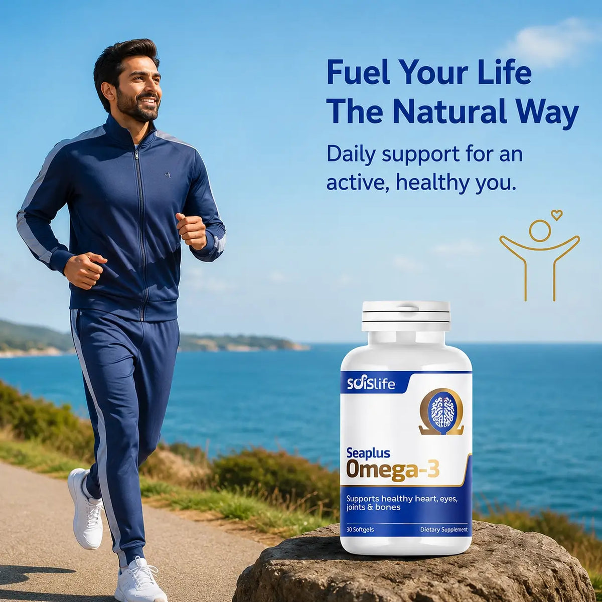 Man running outdoors with a bottle of Seaplus Omega-3 supplement in the foreground.